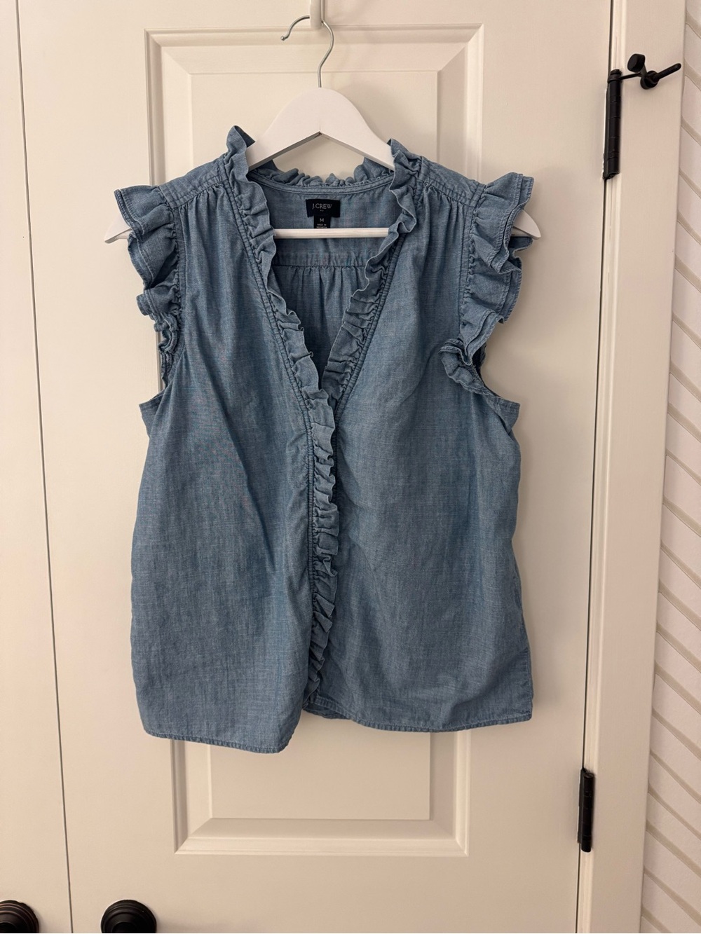 JCrew Sleeveless Ruffle Chambray Top in Light Blue
